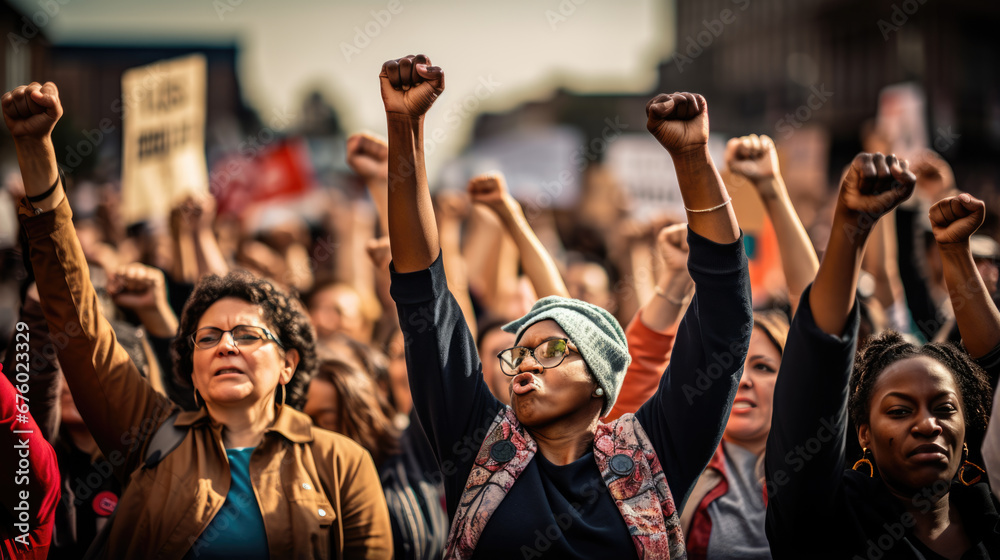 Fototapeta premium A passionate crowd of women raise their fists and voices in a demonstration, advocating for their rights and showcasing unity and empowerment.