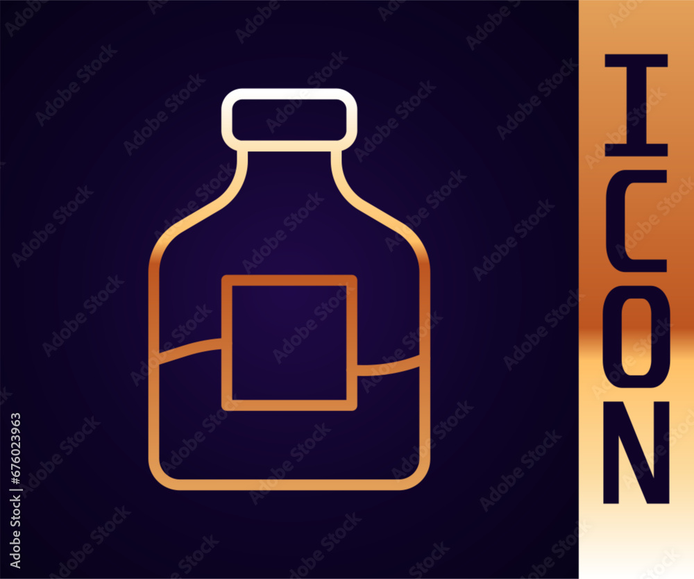 Gold line Glass bottle of vodka icon isolated on black background. Vector Gold line Glass bottle of vodka icon isolated on black background. Vector