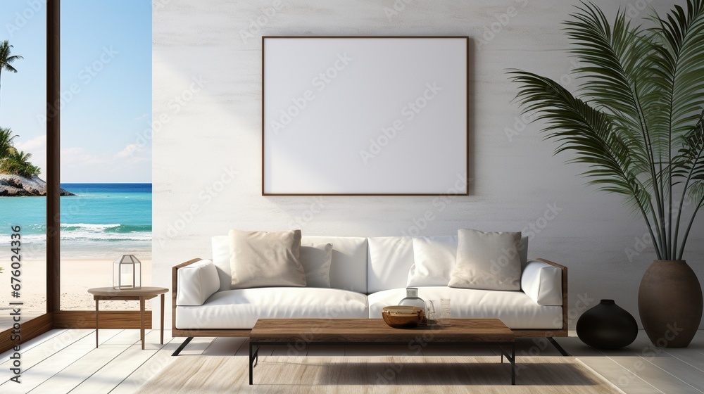 Modern living room ocean view ai generated frame mockup living room Modern living room ocean view ai generated frame mockup living room