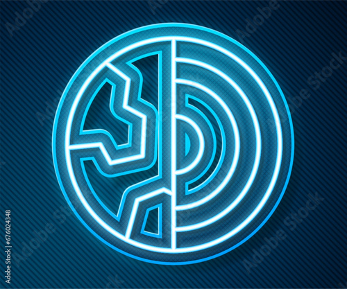 Glowing neon line Earth core structure crust icon isolated on blue background. Vector