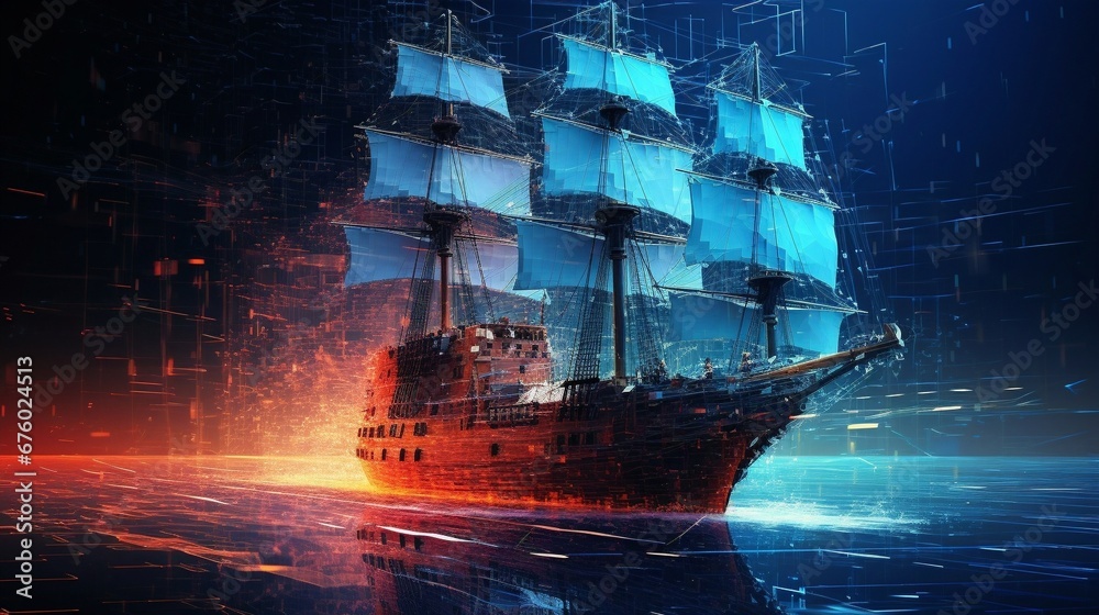 AI Generated Neon Pirate Ship Sailing The Digital Ocean Stock