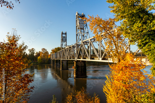 View of the Union Street Bridge surrounded by autumn foliage. Salem, Oregon