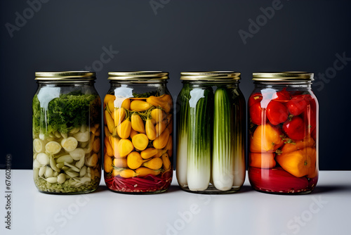 Jars with Different Kinds of Pickled Vegetables on a Black Background