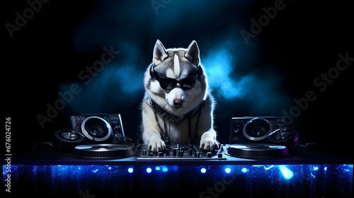 Husky Dog Being A DJ At EDM Rave Music Festival.  AI Generated. photo
