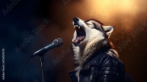 Dog Singing Spitting Rhymes Into The Microphone.  AI Generated. photo