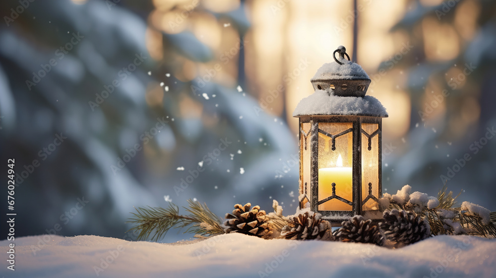 Christmas lantern with decorations and burning candle on the snow. Copy space Christmas lantern with decorations and burning candle on the snow. Copy space