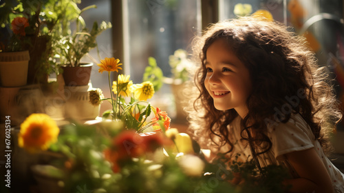 Digital photo a cute child take a care of indoor plants in a home greenhouse