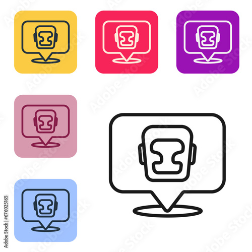 Black line Boxing helmet icon isolated on white background. Set icons in color square buttons. Vector