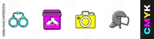 Set Handcuffs, Evidence bag with gun, Photo camera and Police helmet icon. Vector