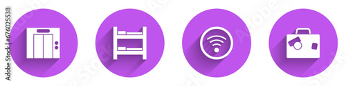 Set Lift, Hotel room bed, Wi-Fi wireless and Suitcase icon with long shadow. Vector