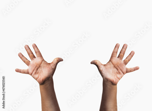 Canvas Print Closeup of children's hands are raised up with white background