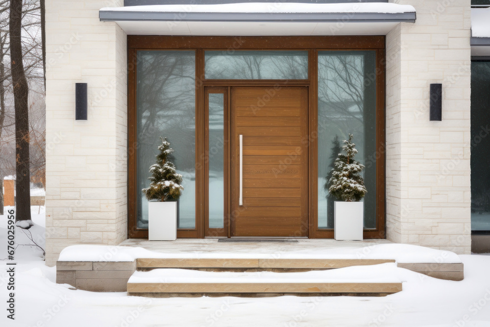 Modern House Wood-Look  Fiberglass Front Entry Door in Winter, Single Door With One Sidelite
