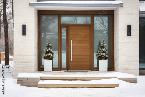 Modern House Wood-Look Fiberglass Front Entry Door in Winter, Single Door With One Sidelite 