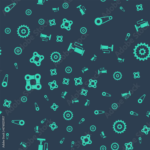 Set Bicycle air pump, chain with gear, and cassette on seamless pattern. Vector