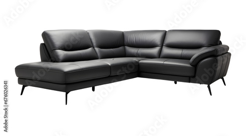 Elegant black leather sectional sofa on a transparent background. © Jan
