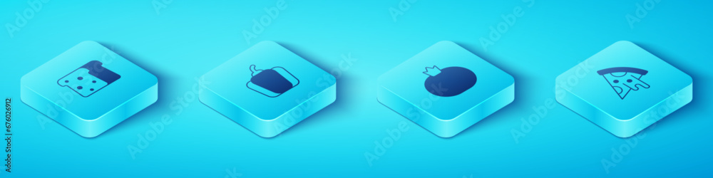 Set Isometric Bread toast, Bell pepper, Slice of pizza and Tomato icon. Vector