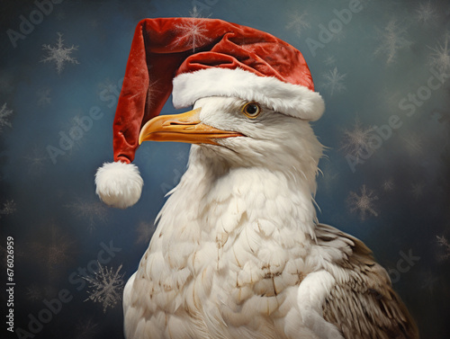 An Oil Painting Portrait of a Seagull Dressed Like Santa Claus in a Christmas Setting photo