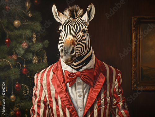 An Oil Painting Portrait of a Zebra Dressed Like Santa Claus in a Christmas Setting