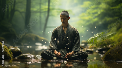 A man sits cross legged meditating on rocks in a tranquil forest stream surrounded by greenery and light