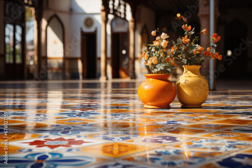 Interior design of a hall in the style of Brazilian architecture with bright colorful abstract tiles on the floor.