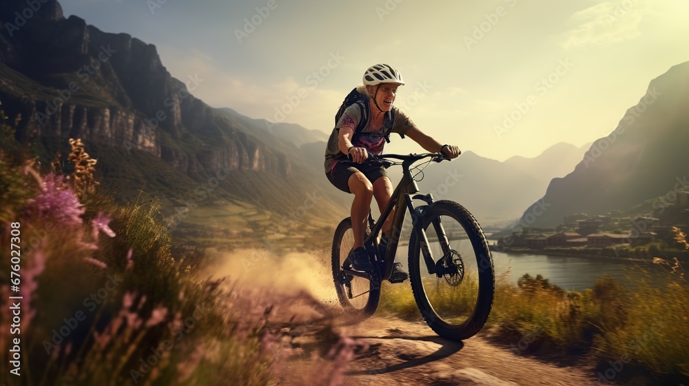 Old woman riding bicycle on beautiful mountain