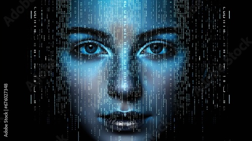 Woman's Face On A Blue Technology Circuits Matrix Binary Code Background.  Created With Generative AI. photo