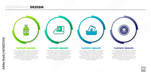 Set Poisoned alcohol, Wastewater, Radioactive waste in barrel and Bones and skull. Business infographic template. Vector