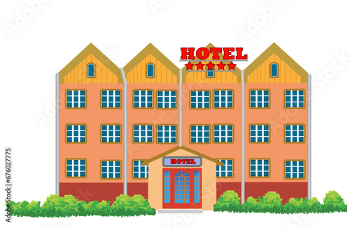Fototapeta Naklejka Na Ścianę i Meble -  Old red brick hotel. Vector illustration isolated on white background.