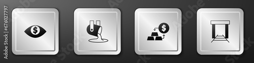 Set Eye with dollar, Molten gold being poured, Gold exchange money and mine icon. Silver square button. Vector