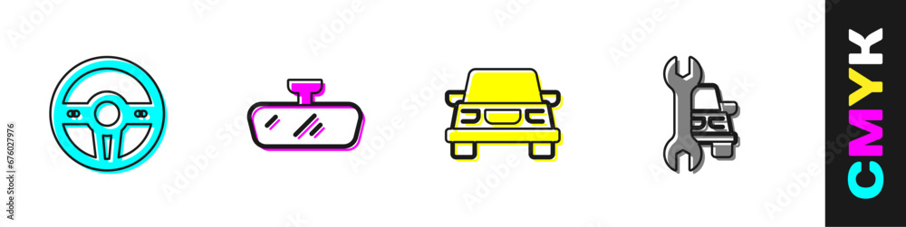 Set Steering wheel, Car mirror, and service icon. Vector Set Steering wheel, Car mirror, and service icon. Vector