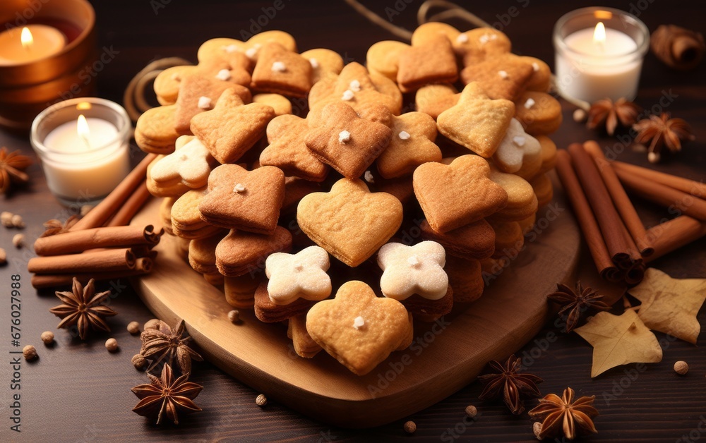 Cookies in the form of hearts on a wooden plate, cinnamon sticks, star anise and candles. Cookies in the form of hearts on a wooden plate, cinnamon sticks, star anise and candles.