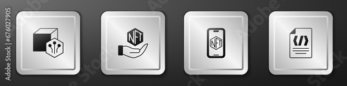 Set NFT Digital crypto art, Mobile with store app and Binary code icon. Silver square button. Vector