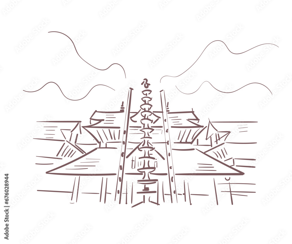 Obraz premium Guruvayur Temple Hindu temple Guruvayurappan Vishnu Kerala India religion institution vector sketch city illustration line art sketch simple