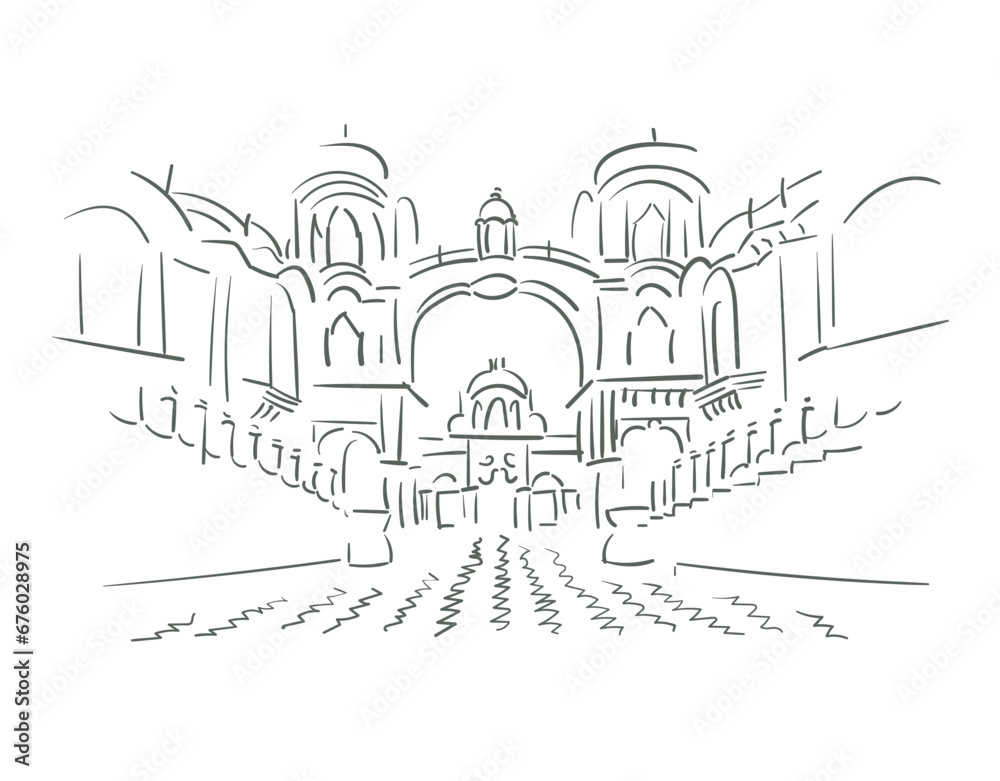 Iskcon Temple Uttar India religion institution vector sketch city illustration line art sketch simple