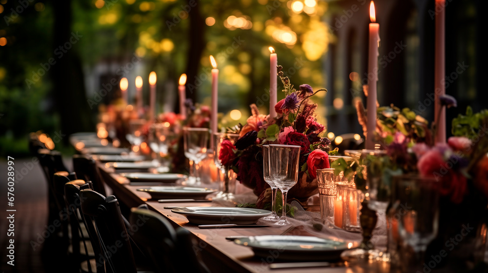 Wedding outdoor dinner table elegant setting with flowers rustic fete party outside select long banquet dining tablescape - obrazy, fototapety, plakaty 