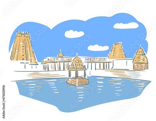 Ekambareswarar temple Hindu deity Shiva Kanchipuram in Tamil Nadu India religion institution vector sketch city illustration line art sketch simple photo