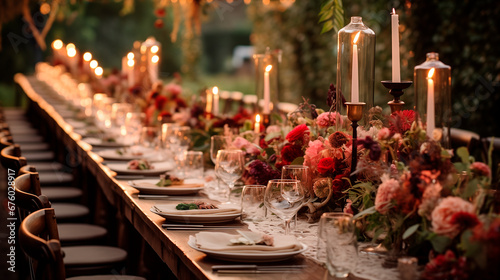Wedding outdoor dinner table elegant setting with flowers rustic fete party outside select long banquet dining tablescape © MauriceNo