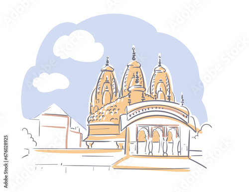 ISKCON Temple Ahmedabad Big Hare Krishna Gujarat India religion institution vector sketch city illustration line art sketch simple