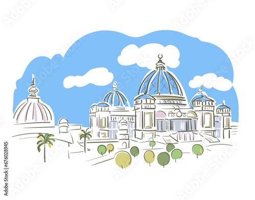 ISKCON Temple Mayapur Chandrodaya West Bengal India religion institution vector sketch city illustration line art sketch simple photo