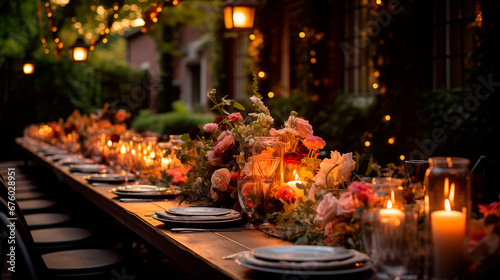 Wedding outdoor dinner table elegant setting with flowers rustic fete party outside select long banquet dining tablescape