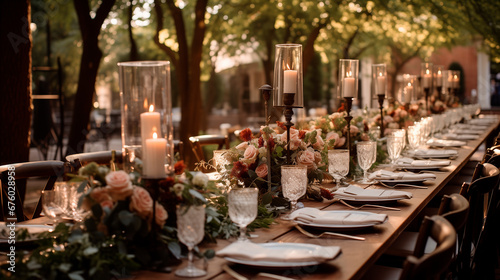 Wedding outdoor dinner table elegant setting with flowers rustic fete party outside select long banquet dining tablescape photo