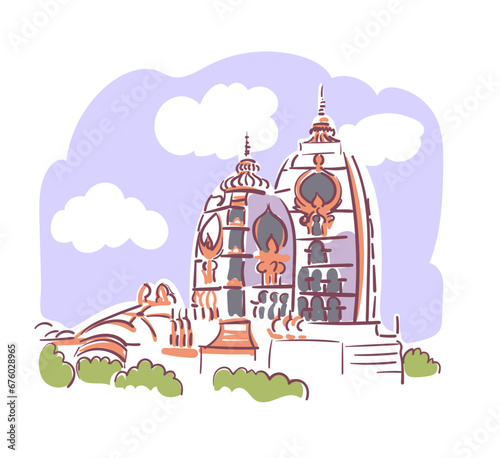 ISKCON Temple Sri Sri Radha Parthasarathi Mandir Delhi India religion institution vector sketch city illustration line art sketch simple photo