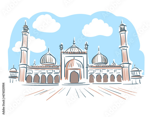 Jama Masjid Agra Uttar Pradesh India religion institution vector sketch city illustration line art sketch simple