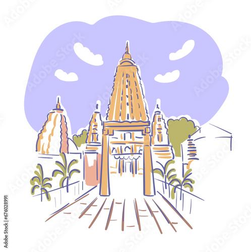 Mahabodhi Temple Buddhist temple Bodh Gaya Bihar India religion institution vector sketch city illustration line art sketch simple