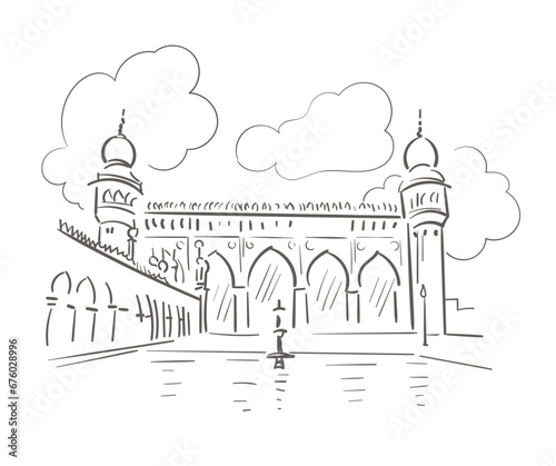 Makkah Masjid Mecca Masjid Hyderabad Telangana India religion institution vector sketch city illustration line art sketch simple