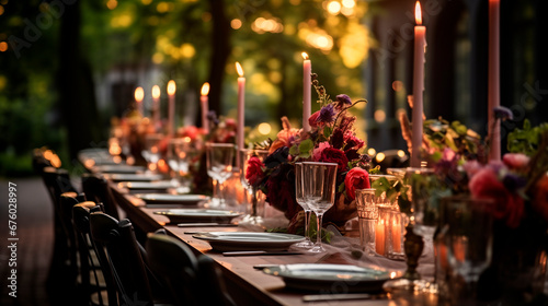 Wedding outdoor dinner table elegant setting with flowers rustic fete party outside select long banquet dining tablescape photo
