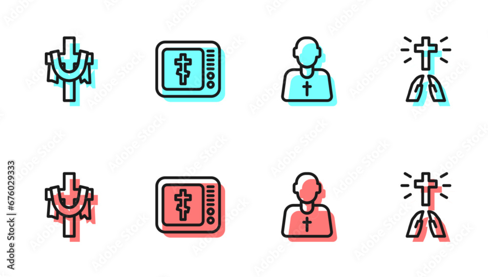 Set line Priest, Christian cross, Online church pastor preaching and Hands praying position icon. Vector Set line Priest, Christian cross, Online church pastor preaching and Hands praying position icon. Vector