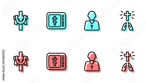 Set line Priest, Christian cross, Online church pastor preaching and Hands praying position icon. Vector