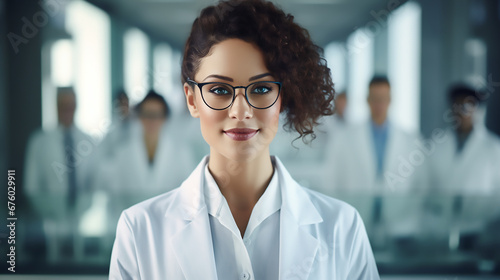 Beautiful young woman scientist wearing white coat and glasses in modern Medical Science Laboratory with Team of Specialists