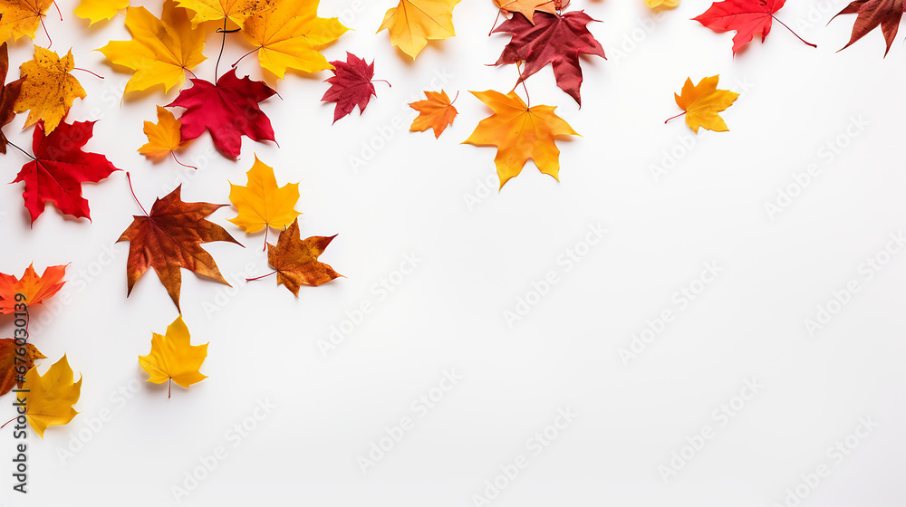 Falling autumn foliage on white background, isolated colourful leaves Falling autumn foliage on white background, isolated colourful leaves